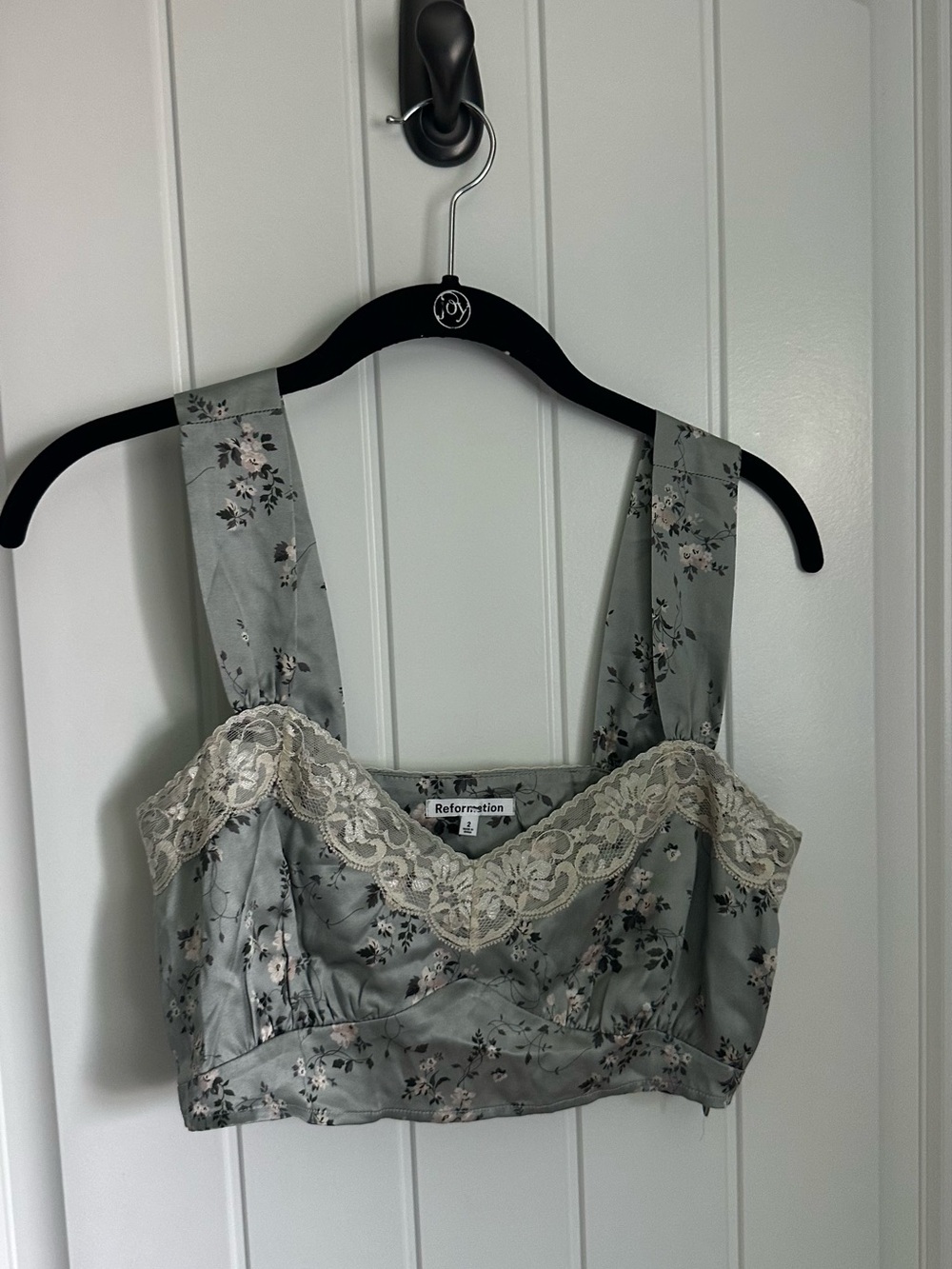 Reformation Floral Lace Trim Crop Top 100% silk- Sage Green